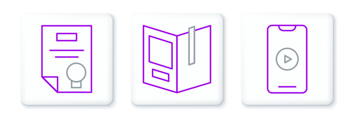 Set line Online play video, Certificate template and Open book icon. Vector
