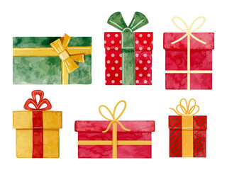 Watercolor vector set of colorful gift boxes with ribbons and bows. Festive hand-painted holiday illustration in red, green, and gold tones.