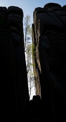 Rock Formation Silhouette with Trees and Sky Glimpse.