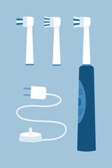 Electric toothbrush with charger and replacement brush heads.