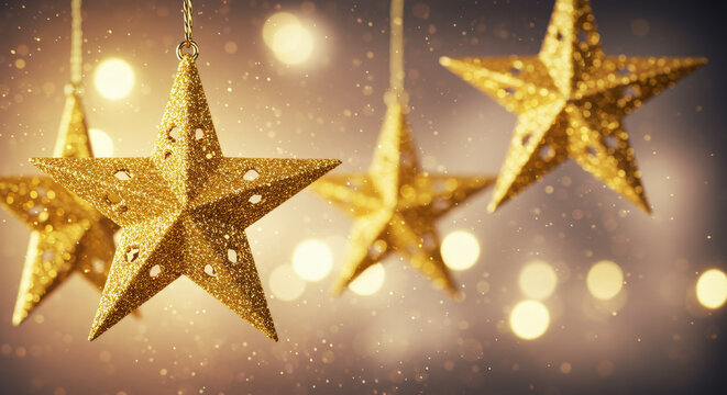 Decorative Gold Star Ornaments with Bokeh Background