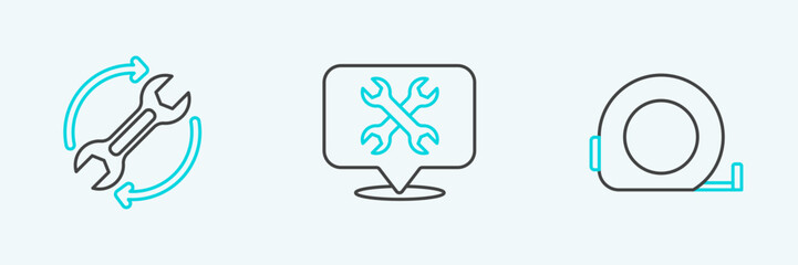 Set line Roulette construction, Wrench and arrows as workflow and Location with wrench icon. Vector