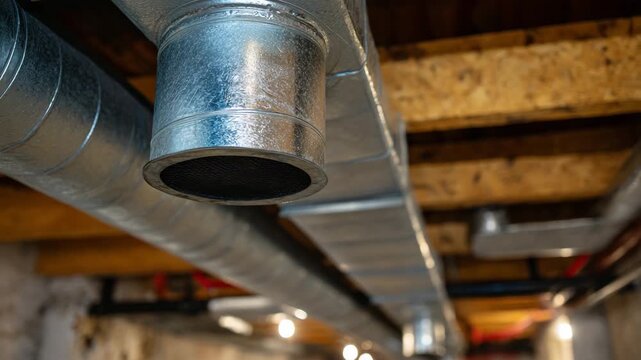 A detailed image of metallic ducting in a modern basement, showcasing the industrial aesthetic of construction structures blending functionality with contemporary design elements.