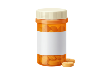 Orange pill bottle with pills isolated, medication container with blank label for pharmacy, healthcare and medical use