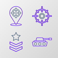 Set line Military tank, rank, Target sport and icon. Vector