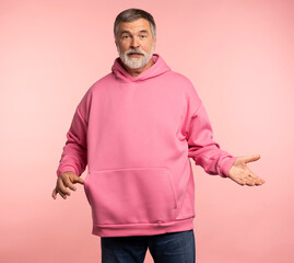 Attractive mature man dancing have fun dressed stylish pink clothes isolated on pink color background.
