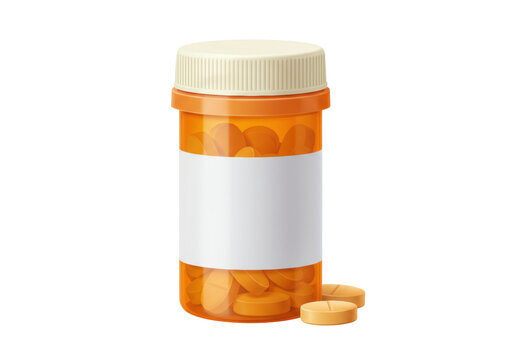 Orange pill bottle with pills isolated, medication container with blank label for pharmacy, healthcare and medical use