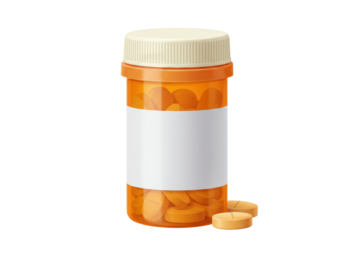 Orange pill bottle with pills isolated, medication container with blank label for pharmacy, healthcare and medical use