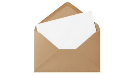 Brown kraft paper envelope with a blank white card inside for mockup. Isolated on transparent background, png