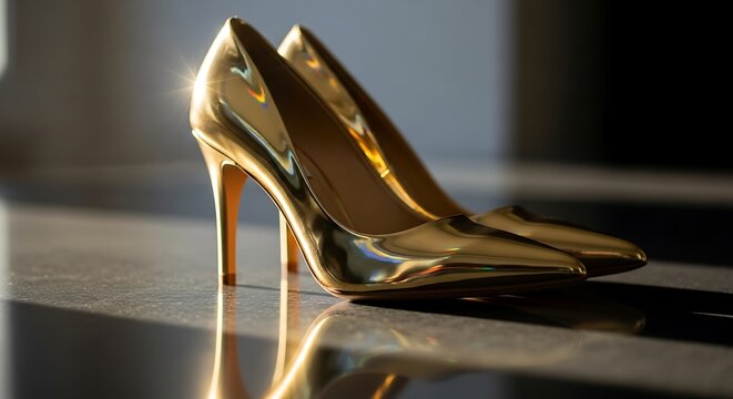 Elegant Golden Heels - A Luxurious Fashion Statement on a Reflective Surface.