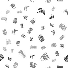 Fototapeta premium Set Ray gun, Retro typewriter, Pager and Music synthesizer on seamless pattern. Vector