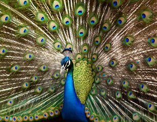 Obraz premium brilliantly colorful peacock displaying its iridescent plumage in full glory. Concept of natural splendor., peacock with feathers out of focus