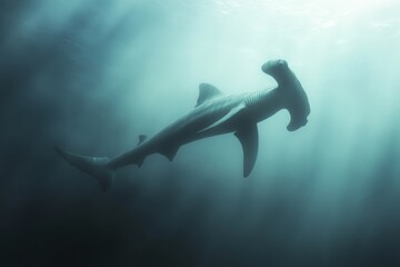 Obraz premium Dramatic underwater life scene featuring a hammerhead shark in the depths