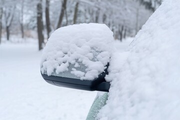 heavy snow cover car rear view mirror. Winter trouble
