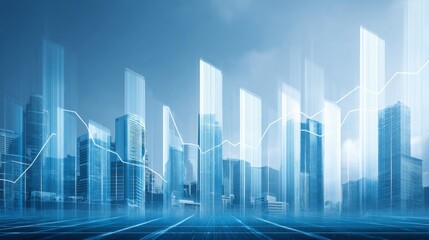 Modern city skyline features futuristic skyscrapers with a digital overlay in a bustling urban environment at dusk, showcasing growth and innovation