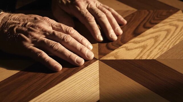 Craftsmans Hands Gently Touch a Newly Installed Parquet Floor.