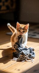 Playful Kitten Engaged with a Toy on Wooden Floor.