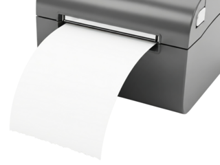 Point of sale label printer with a blank white paper receipt on a transparent background