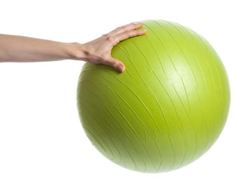 柔らかな手が触れる浮遊ヨガボールの静かなバランス表現｜背景なし・透過PNG・コピースペース