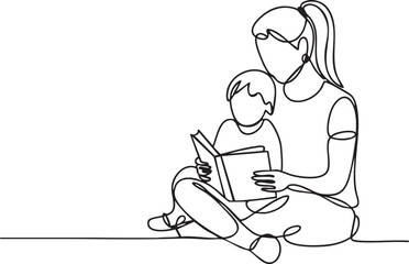 Continuous one line drawing of parent and child reading together in minimalist black and white style showing love, learning, and family bond