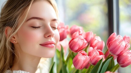 Woman smells tulips in bright light