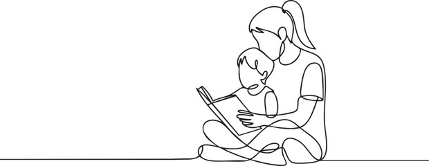 Continuous one line drawing of parent and child reading together in minimalist black and white style showing love, learning, and family bond