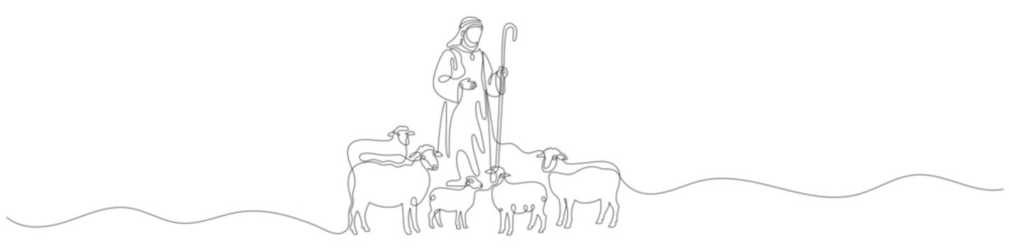 Merry Christmas, shepherd and sheep. Continuous one line drawing. Editable line. Vector illustration on a transparent background