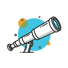 A classic white telescope with a sturdy mount and colorful abstract circles in the background.