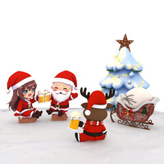 Santa, Girl, and Reindeer Toasting Beer in Snowy Christmas Scene – Kawaii Holiday Illustration.3D render Blender render.