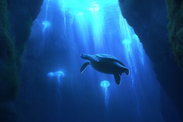 Fototapeta premium Enchanting underwater world with turtles and jellyfish in deep blue ocean cavern