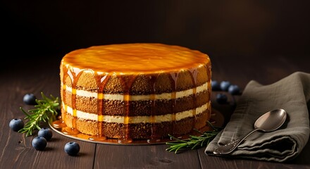 Delicious Caramel Layer Cake with Blueberries and Rosemary.