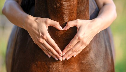 Woman's hands form a heart shape on a horse's back.  Close-up