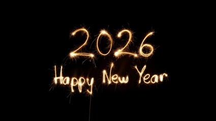 Happy new year 2026 written with sparklers on black background