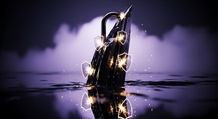 Abstract cybersecurity concept showing a shield icon in water with fog background