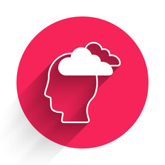 White Man having headache, migraine icon isolated with long shadow. Red circle button. Vector