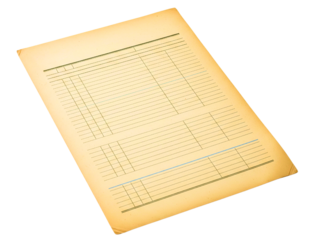 Vintage yellowed blank ledger paper for accounting on a transparent background
