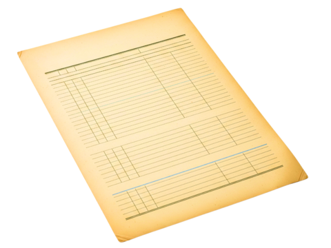 Vintage yellowed blank ledger paper for accounting on a transparent background