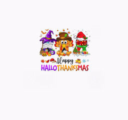 Fototapeta premium Happy HalloThanksmas Holiday Gnomes with Witch, Turkey, and Santa Outfits