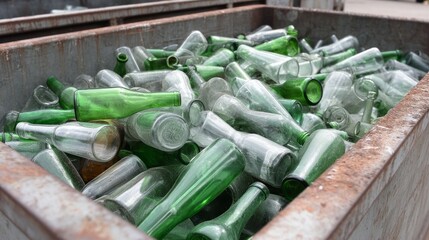Empty glass bottles prepared for recycling in a bin located at a recycling facility