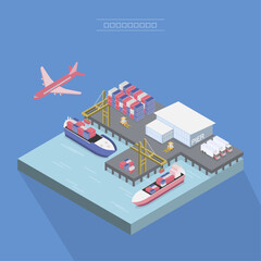 cargo ship on the river Isometric illustration of an airport and port