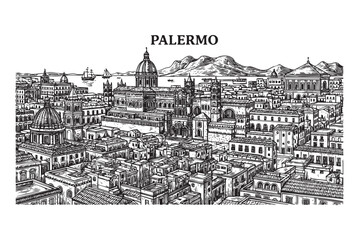 Palermo Cityscape Sicilian City's Historic Skyline, Featuring Domes, Buildings, and the Harbor 