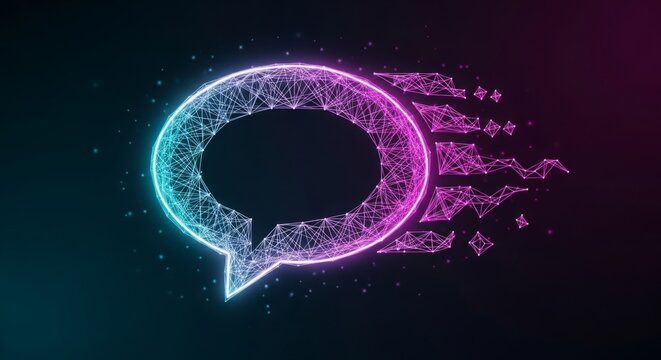 Stunning neon speech bubble with dynamic network connections for modern tech communication, ideal for social media, chat applications, and digital marketing campaigns