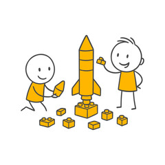 Space Adventure The Excitement of Two Child Friends Building a Giant Rocket with Blocks.