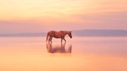 Serene horse at sunset: tranquil scene of a horse walking through shallow water