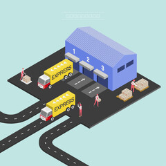 truck on the road with a trailer  Isometric illustration of a warehouse and delivery trucks.