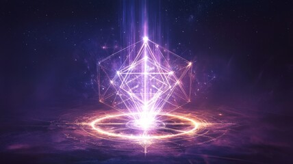 Luminous geometric shape in cosmic space with ethereal purple aura