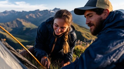 Couple camping in mountainous area.