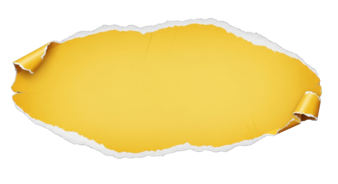 Blank yellow torn paper with a ripped edge, oval shape for text or design. Isolated on transparent background, png