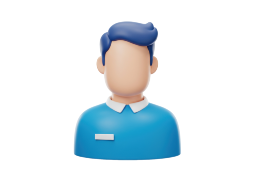 3D faceless man avatar isolated PNG, blue shirt and hair, cartoon character for social media profile and website design