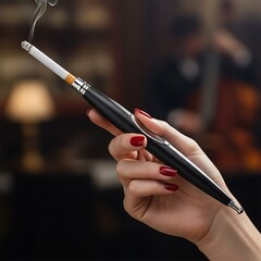 Elegant cigarette holder in hand with red nails, smoking in a sophisticated setting.